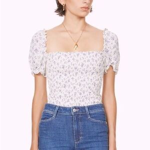 Reformation Jess Smocked Top in Blue Floral